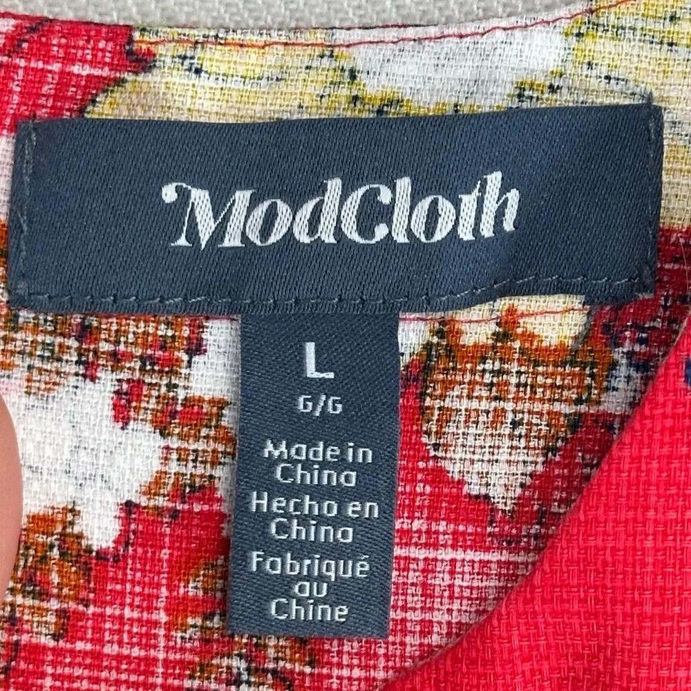 ModCloth Red Floral Sleeveless Shift Dress 100% Cotton Size L Shoulder Buttons